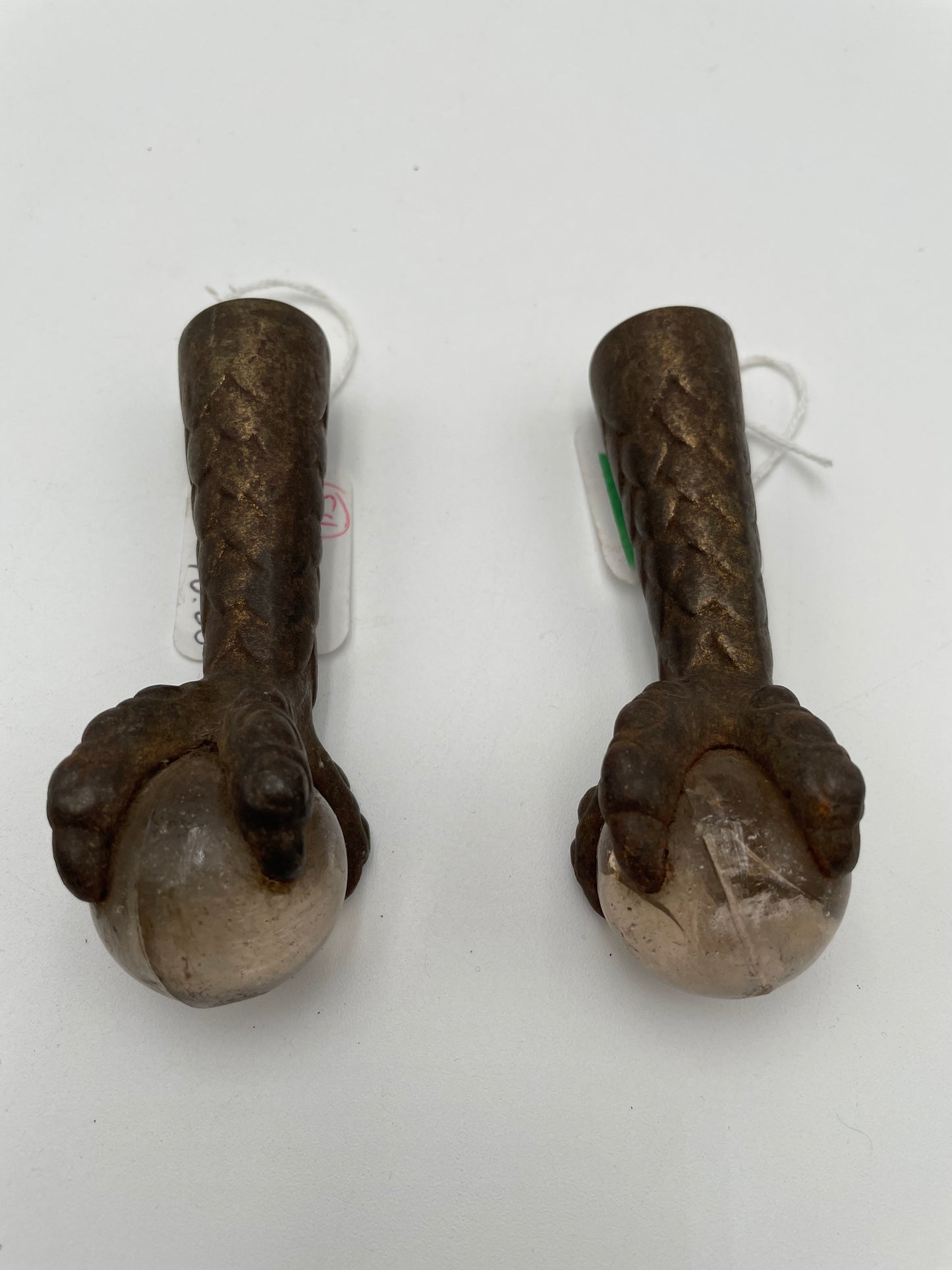 Two Antique Metal Claw Feet with Clear Glass Balls