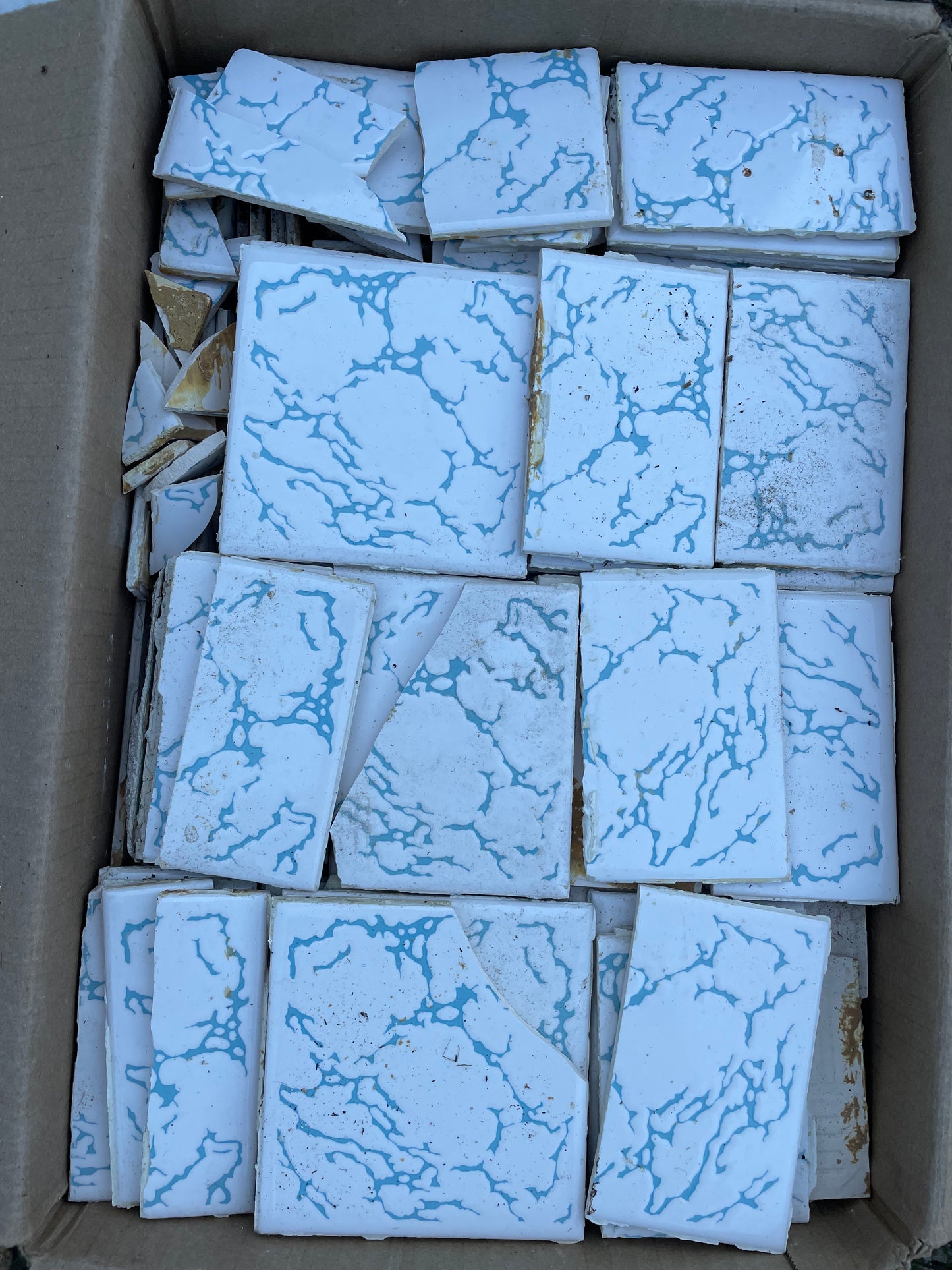 Large Box of Vintage White & Blue Veined Tile