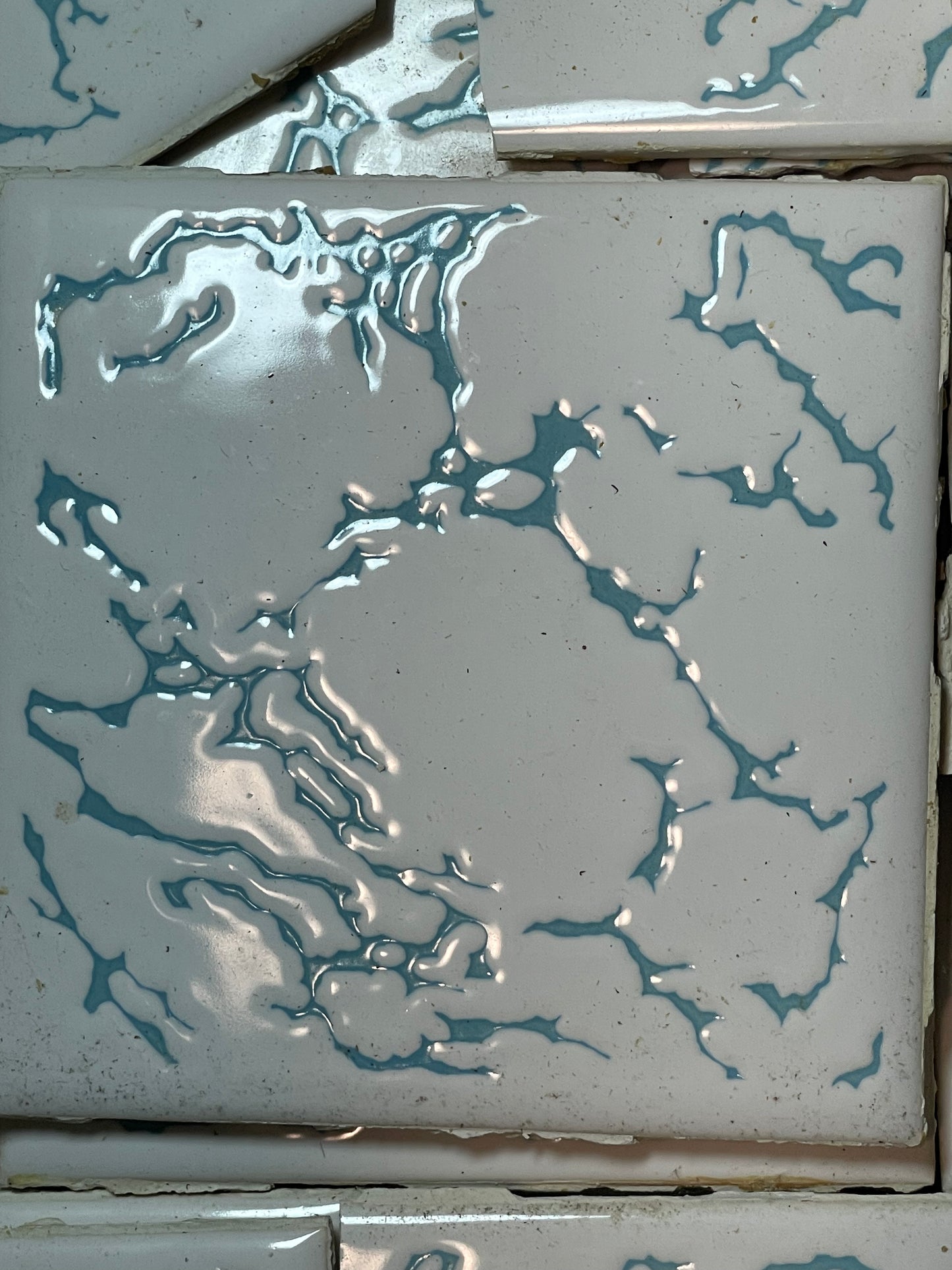 Large Box of Vintage White & Blue Veined Tile